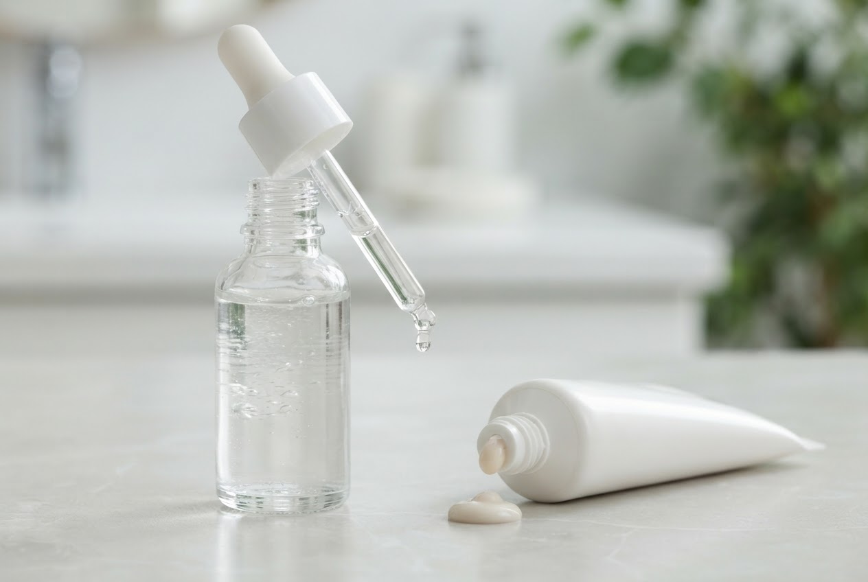 A dropper bottle of hyaluronic acid serum alongside a squeezable tube of dimethicone-based primer, with visible droplets.