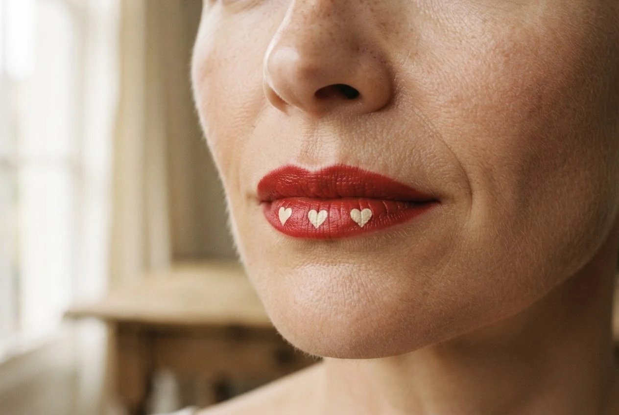 Rote Lippen mit drei kleinen hellen Herzen auf der Unterlippe.