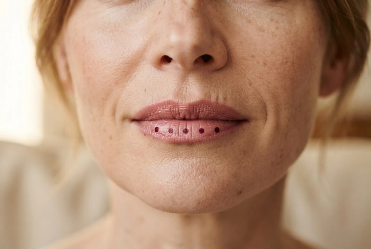 Roséfarbene Lippen mit kleinen bordeauxroten Punkten.