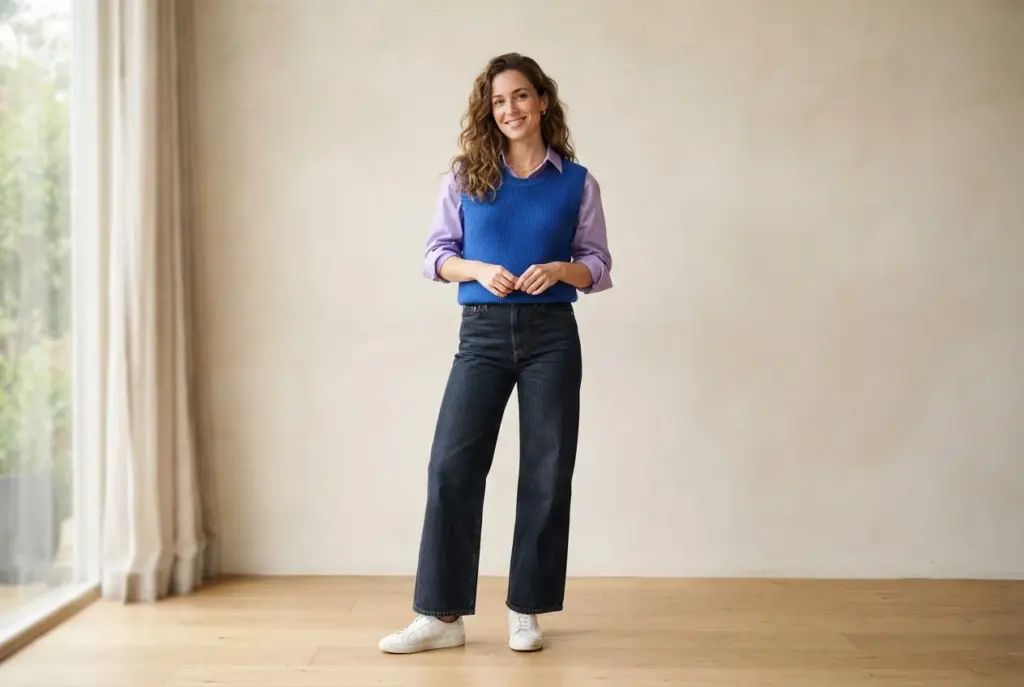 Kobaltblauer Pullunder über fliederfarbenem Hemd zu dunkler Jeans.