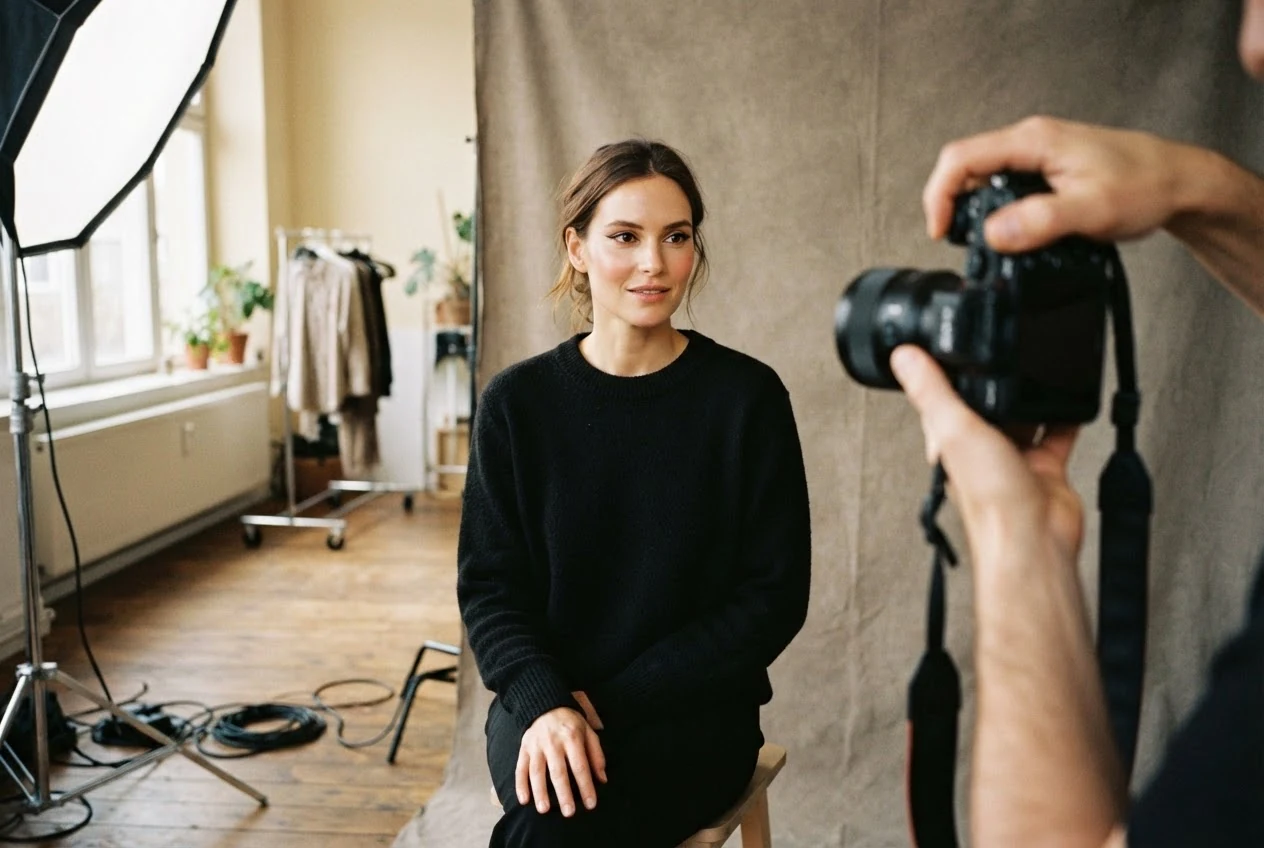 Beauty-Aufnahme im Studio mit Modell, Kamera und weichem Licht.