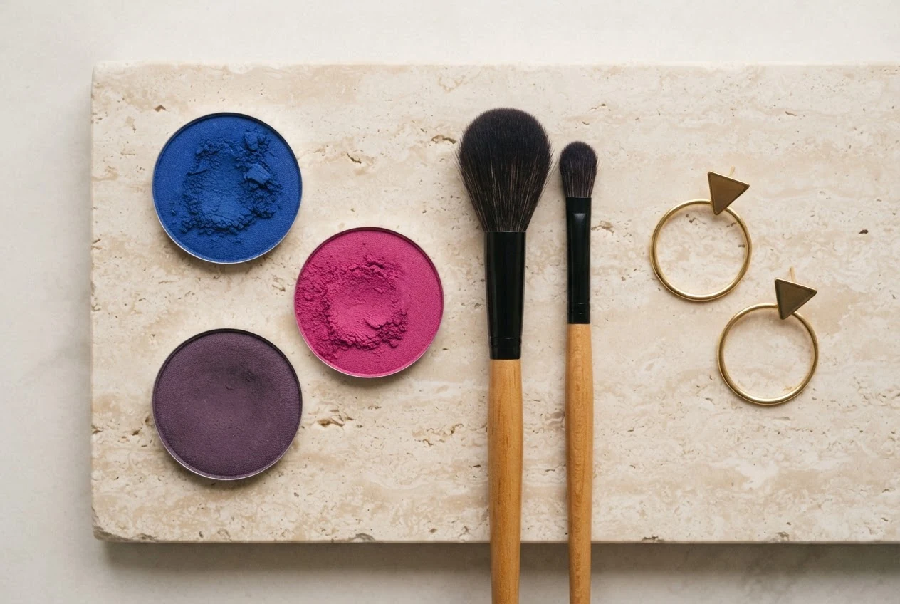 Blaue, pinke und violette Make-up-Farben mit zwei Pinseln und goldfarbenen Ohrringen.