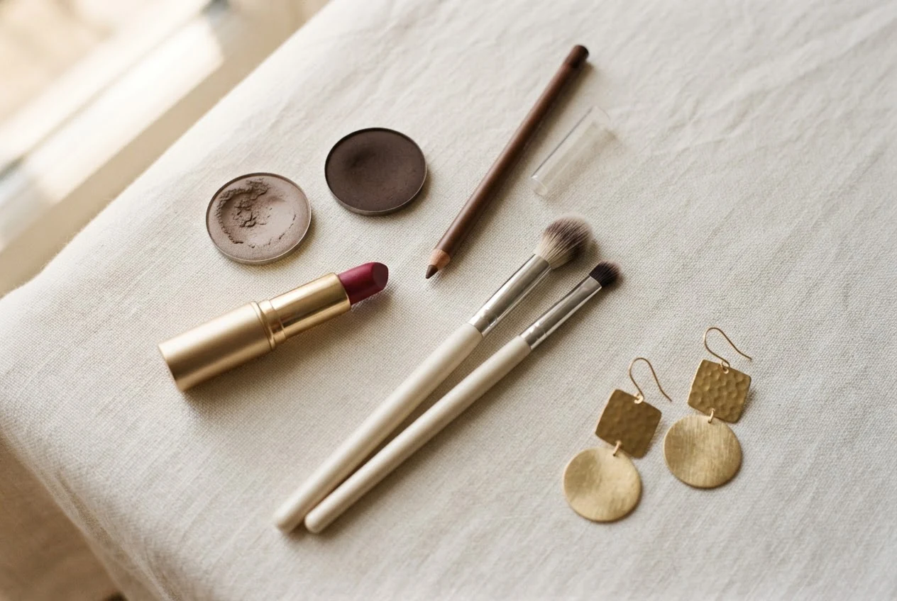 Taupefarbener und brauner Lidschatten, beeriger Lippenstift, zwei Pinsel und geometrische Ohrringe.