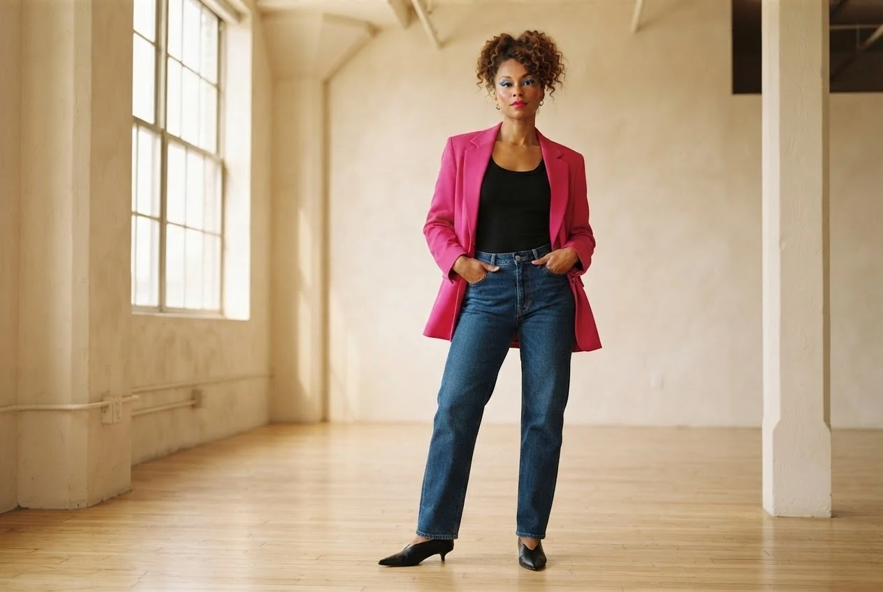 Frau trägt einen pinken Blazer mit schwarzem Top, dunkler Jeans und blauem Augen-Make-up.
