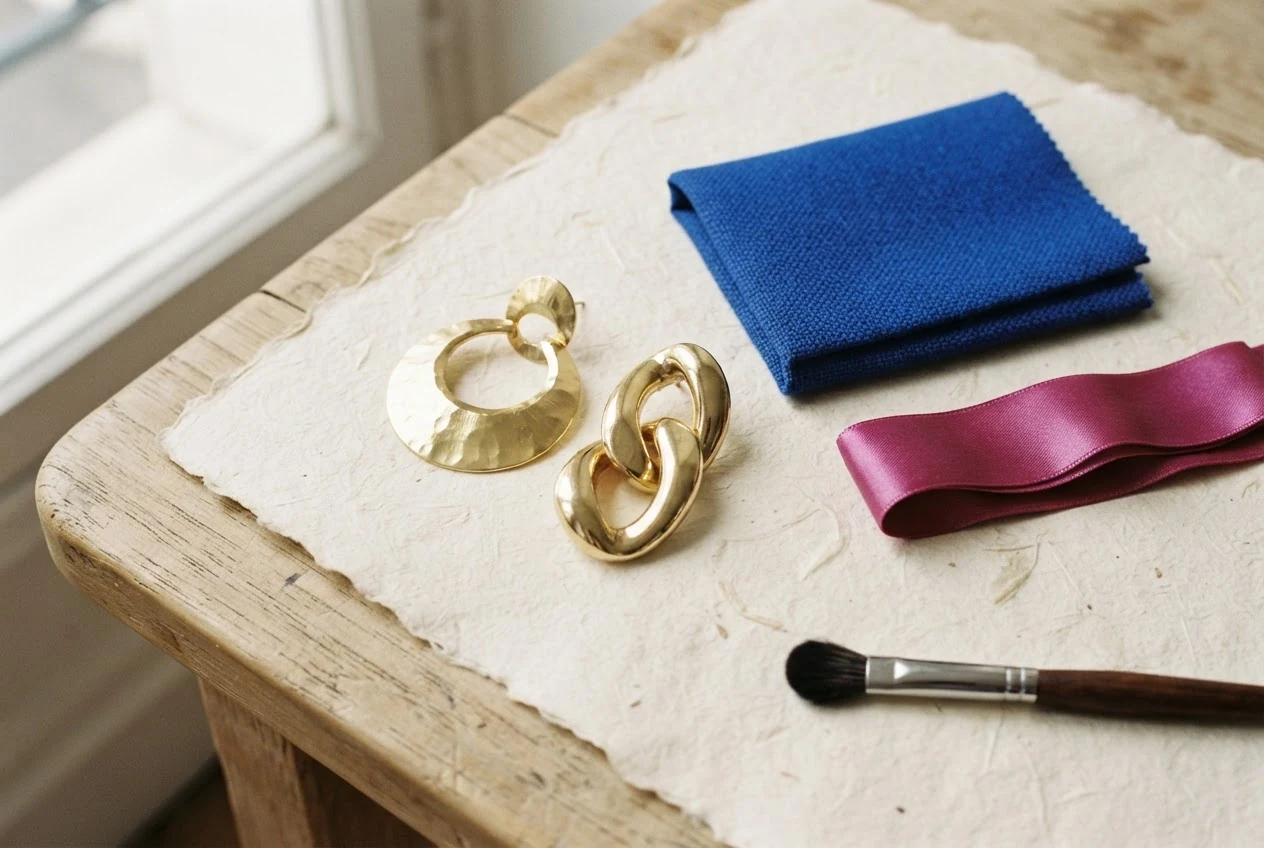 Goldfarbene geometrische Ohrringe neben kobaltblauem Stoff und einem pinken Haarband.