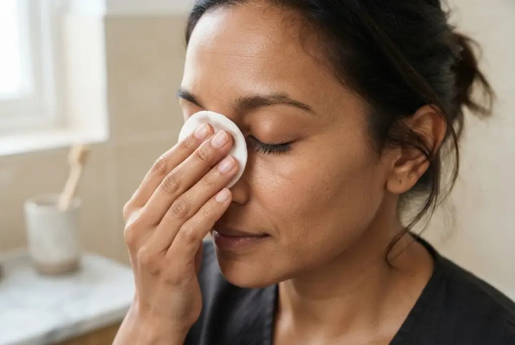 Frau mit geschlossenen Augen nimmt Make-up vorsichtig mit einem weichen Wattepad ab.