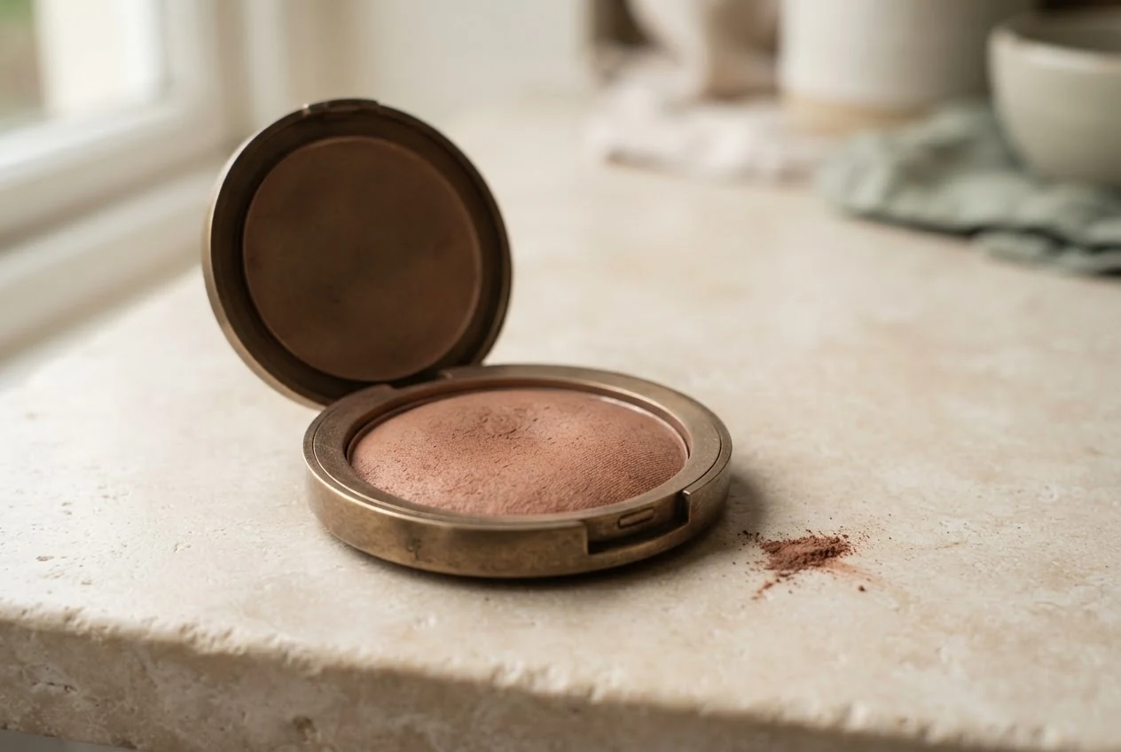 Offene schmucklose Puderdose mit terrakottafarbenem Bronzepuder auf einer hellen Steinplatte.