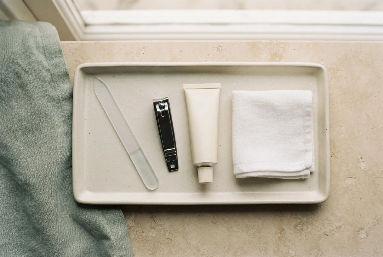 Feine Glasfeile, Nagelknipser, Handcreme und weiches Tuch auf einem hellen Tablett.