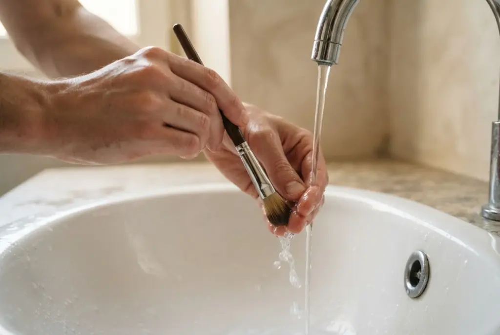 Die nach unten gerichteten Pinselhaare werden unter einem dünnen Wasserstrahl ausgespült.