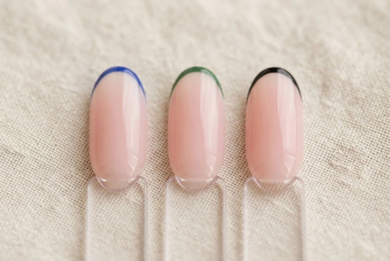 Drei roséfarbene Nagelmuster mit French-Spitzen in Blau, Grün und Schwarz.