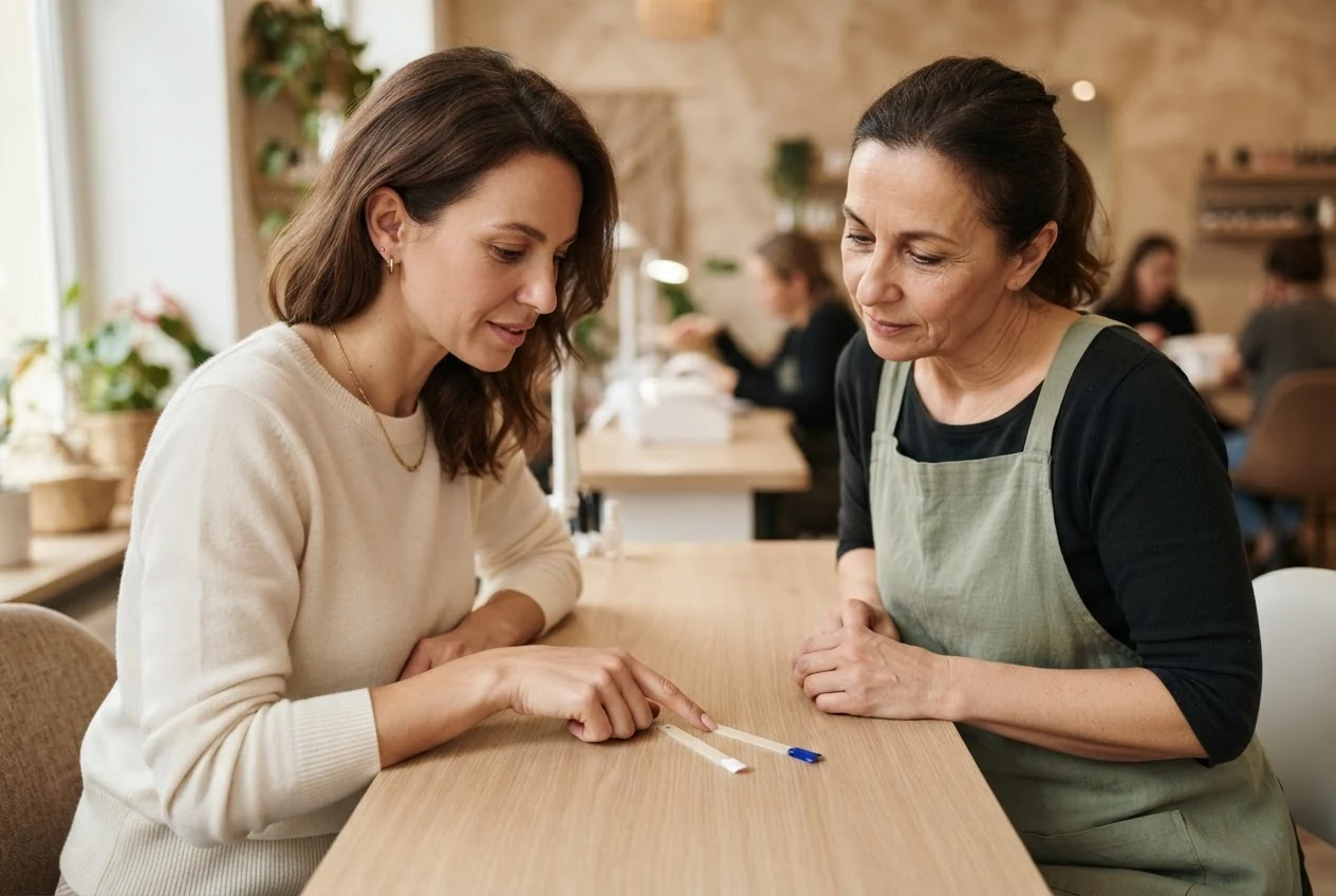 Zwei Frauen besprechen an einem Tisch unterschiedliche Nagelmuster vor einer Behandlung.