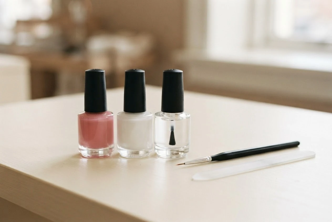 Roséfarbener, weißer und transparenter Nagellack mit feinem Nailart-Pinsel und Glasfeile.