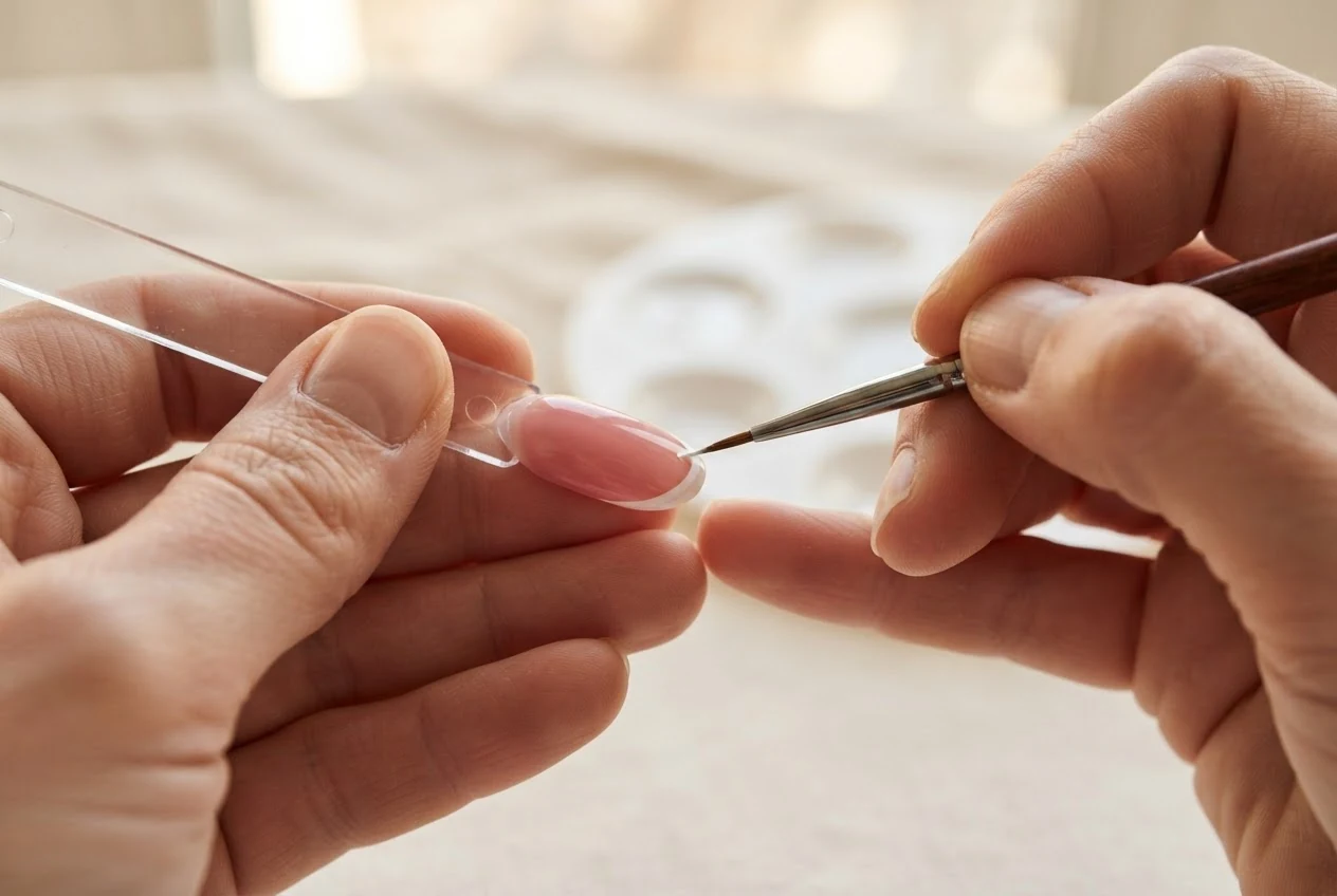 Ein feiner Pinsel malt einen weißen Bogen auf die freie Kante eines roséfarbenen Musternagels.