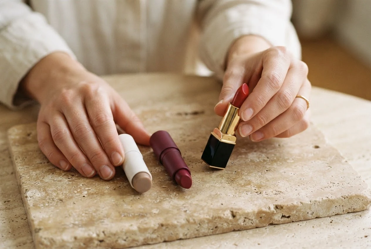 Hände wählen einen roten Lippenstift aus drei unterschiedlichen Lippenprodukten auf einem Tisch aus.