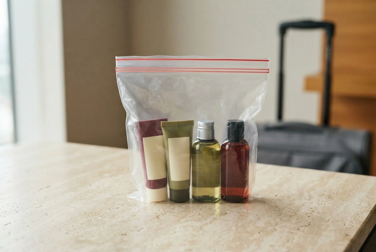 Transparenter wiederverschließbarer Beutel mit kleinen geschlossenen Kosmetikbehältern.