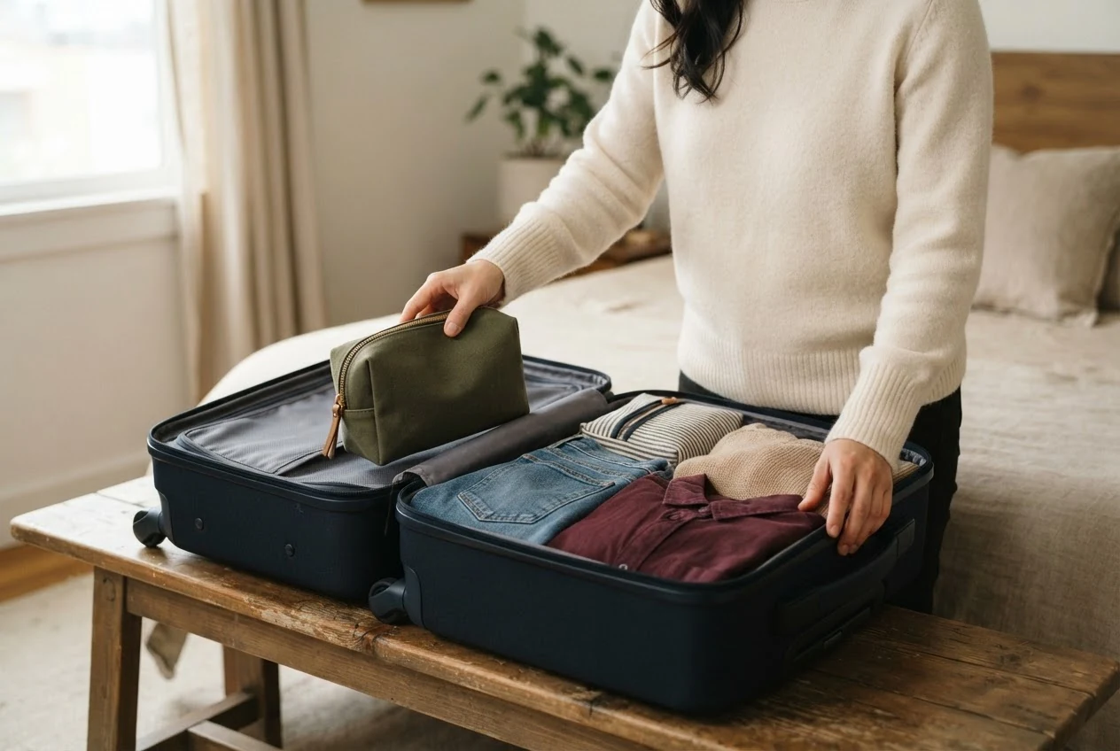 Frau legt eine geschlossene olivgrüne Kosmetiktasche in einen kleinen geöffneten Koffer.