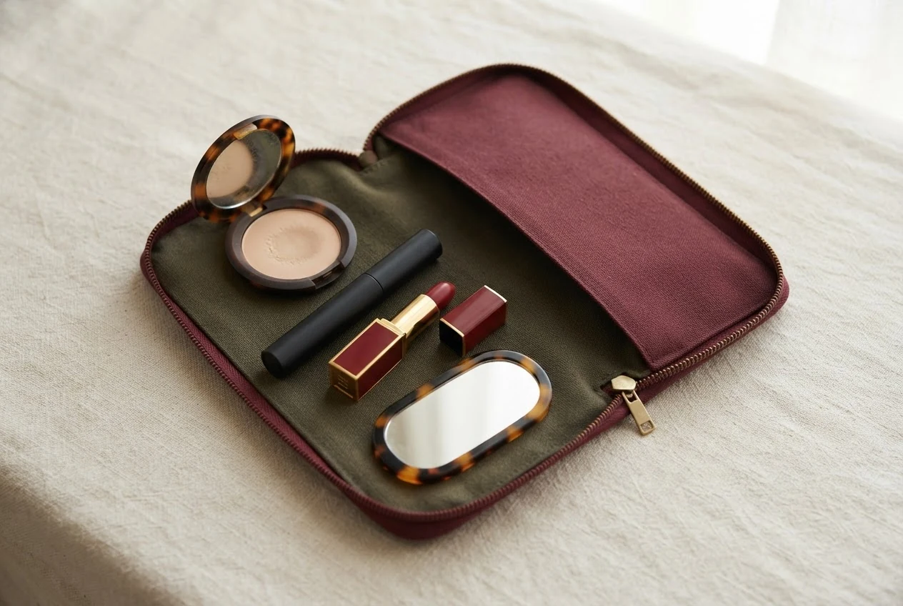 Kleine Schminkauswahl mit Puderkompakt, geschlossenem Mascara und Lippenstift in einer flachen Tasche.