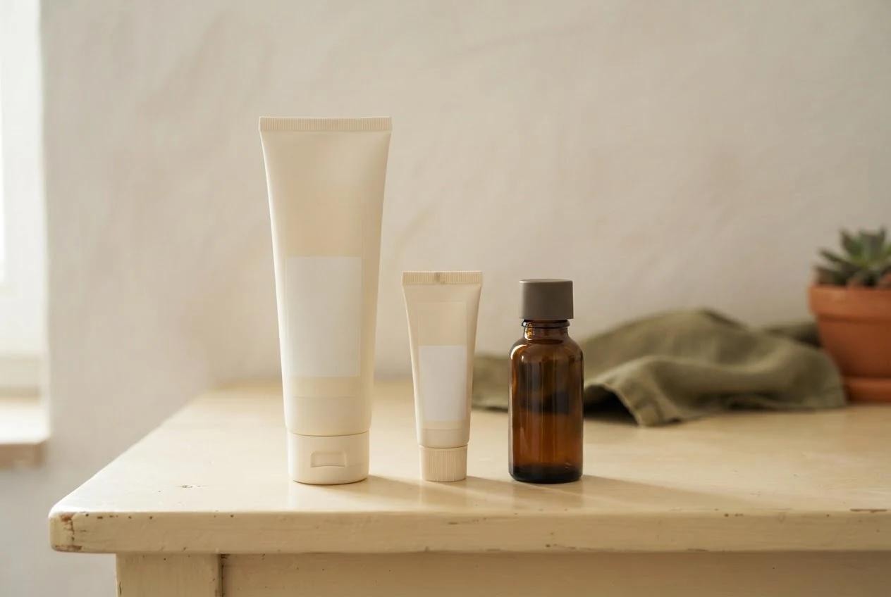 Kleine geschlossene Kosmetiktube und kompakte Flasche neben einer größeren neutralen Tube.