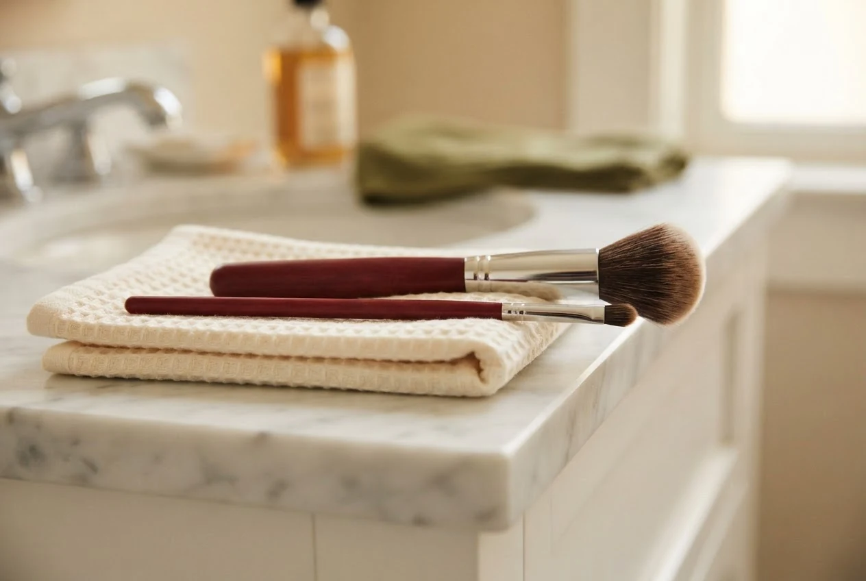 Zwei Make-up-Pinsel liegen auf einem Handtuch, ihre Borstenspitzen ragen über die Ablagekante.