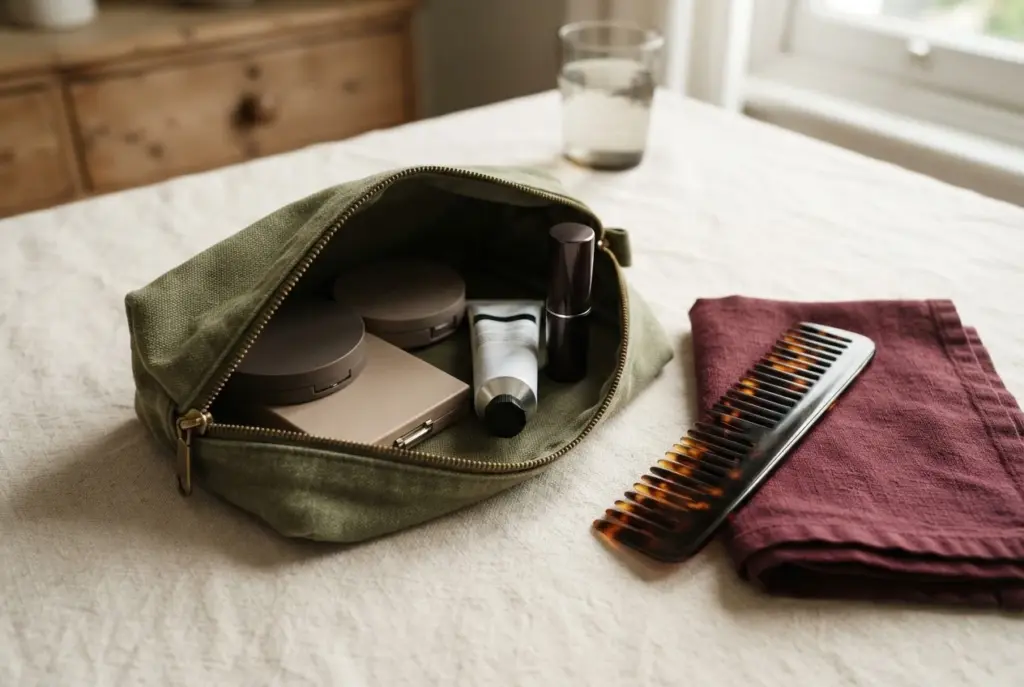 Offene olivgrüne Kosmetiktasche mit kleiner Produktauswahl, Kamm und gefaltetem Tuch.