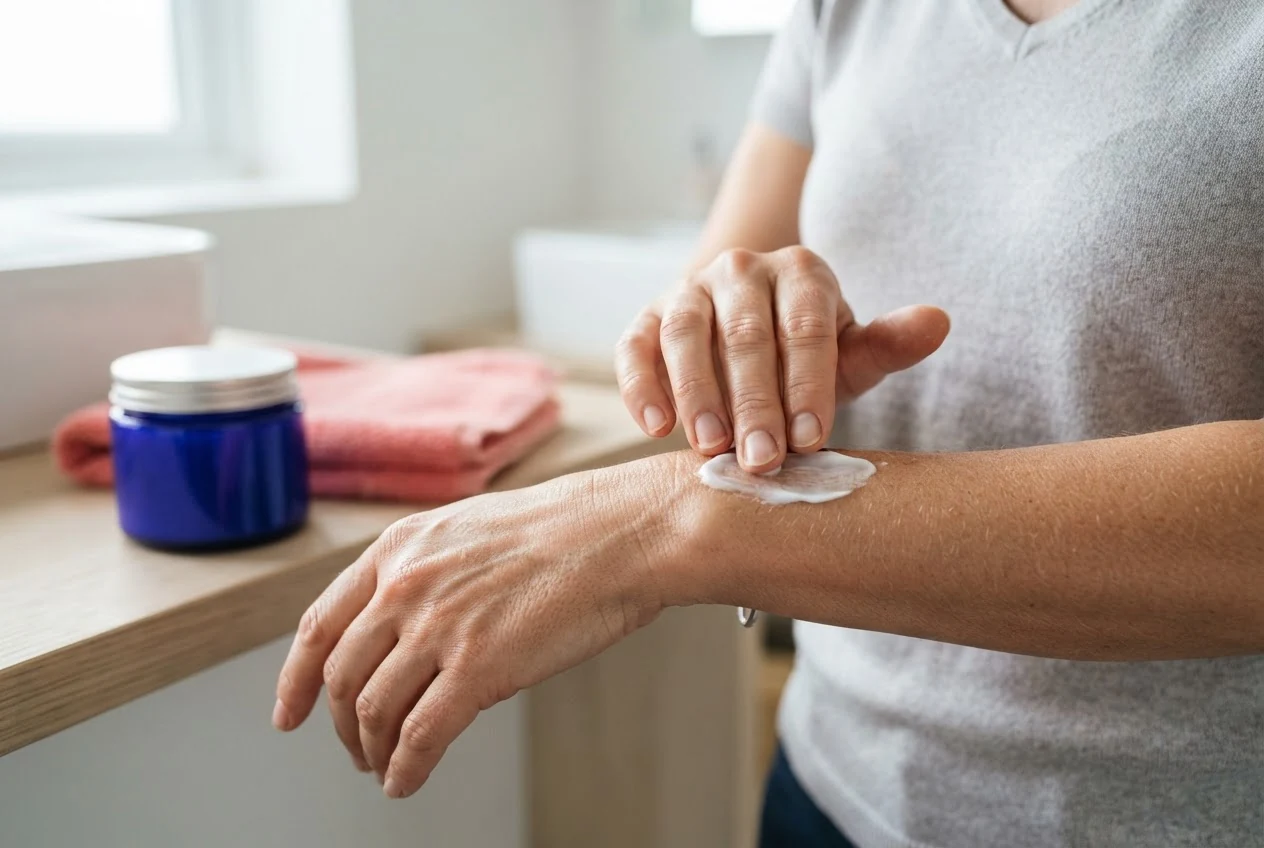 Eine Hand verteilt weiße Pflegecreme auf dem Unterarm neben einem blauen Cremetiegel.