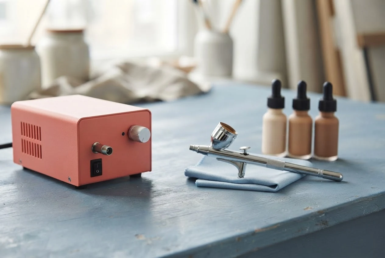 Chromfarbene Airbrush-Pistole und korallfarbener Kompressor stehen unverbunden neben Make-up-Fläschchen.