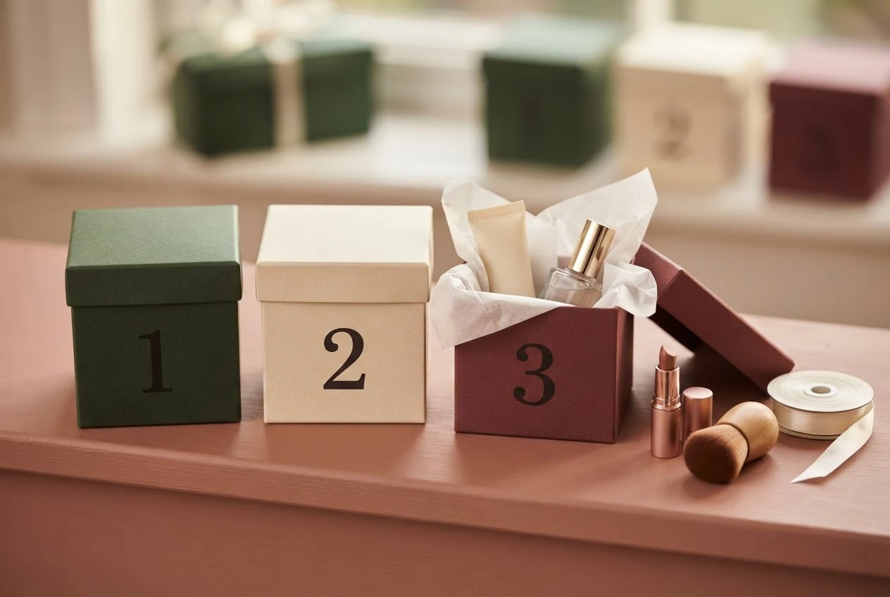 Drei Geschenkboxen mit den Ziffern 1, 2 und 3, kleinen Kosmetikprodukten, Lippenstift und einem Pinsel.