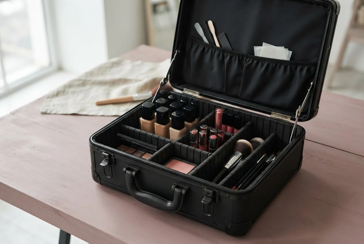Ein geöffneter schwarzer Schminkkoffer mit unterteilten Fächern für Foundation, Lippenfarben, Paletten und Pinsel.