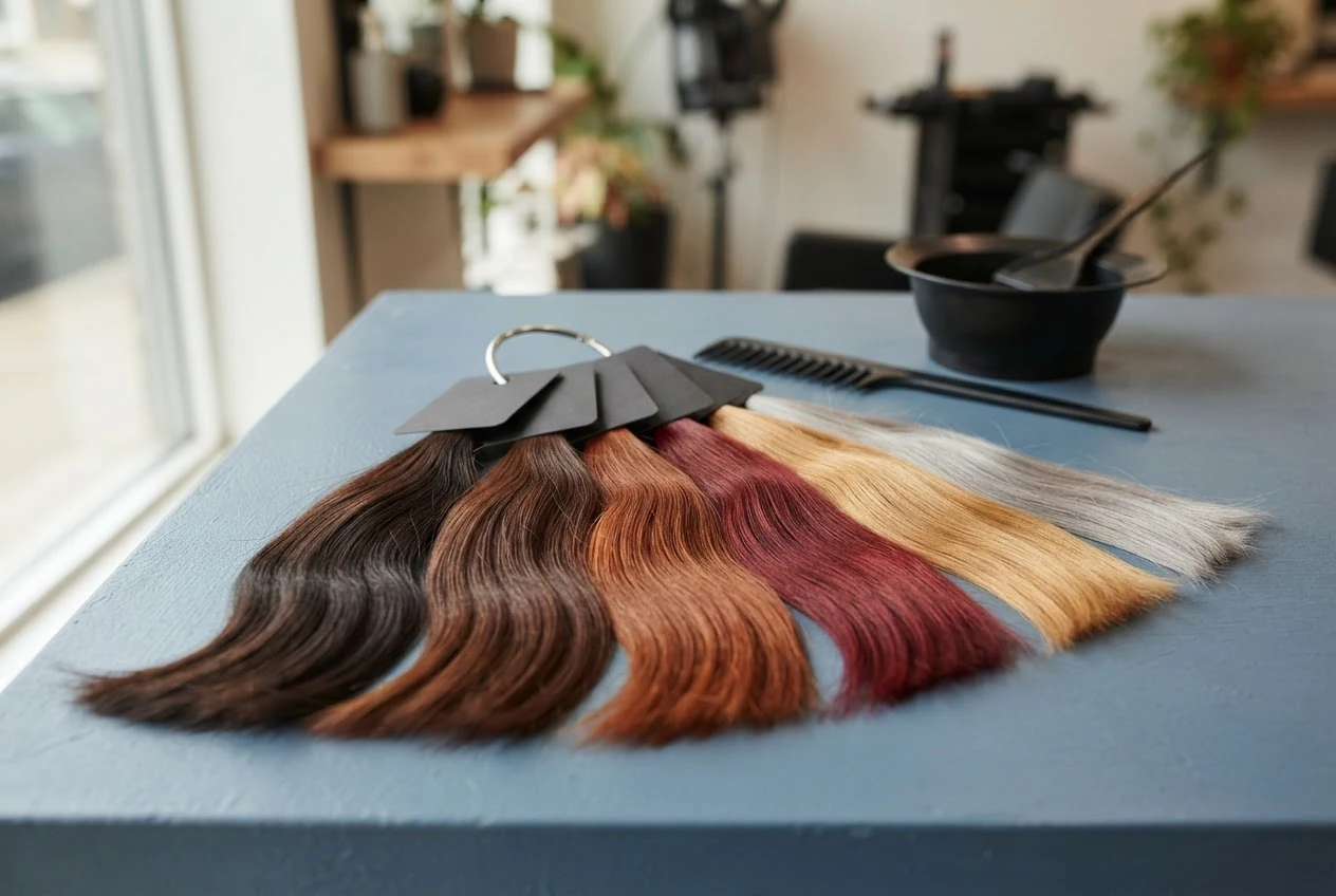 Farbsträhnen in Dunkelbraun, Braun, Kupfer, Rot, Blond und Silber liegen fächerförmig auf einem Tisch.