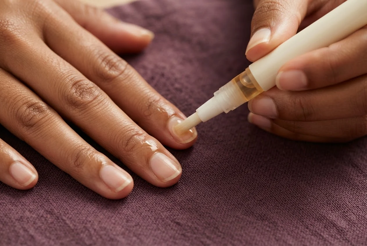 Die Pinselspitze eines hellen Nagelpflegestifts berührt einen kurzen Naturnagel.