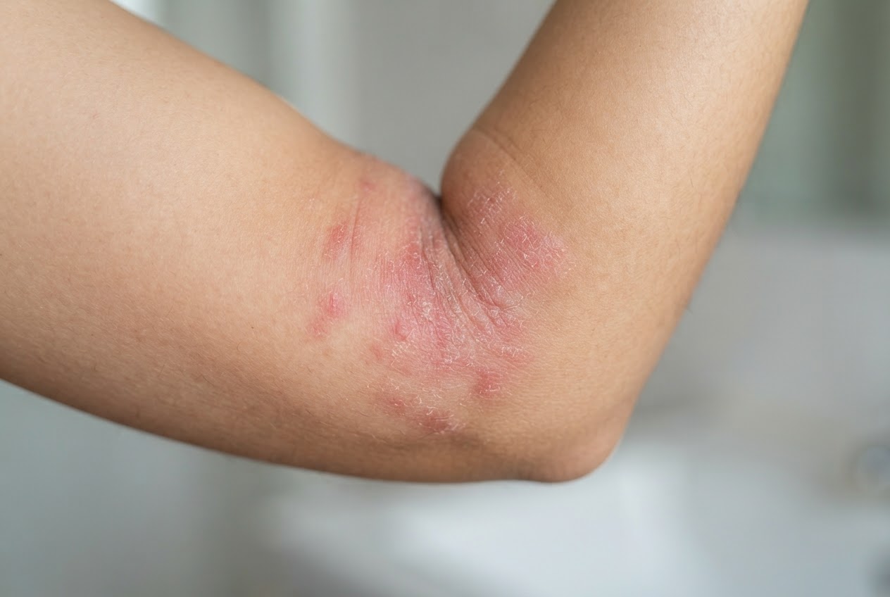 Close-up of the inner elbow with red, inflamed, and dry skin patches typical of neurodermitis.