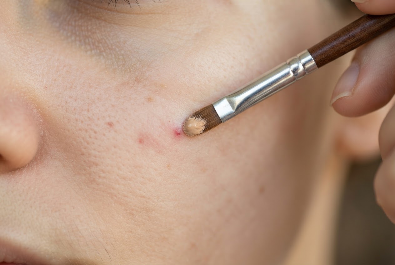 Ein kleiner Pinsel setzt Concealer direkt auf eine einzelne Unreinheit; die umliegende Haut bleibt weitgehend unberührt.