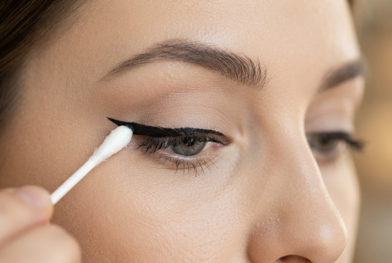 Nahaufnahme eines Auges, ein Wattestäbchen wischt vorsichtig eine zu dicke Eyeliner-Linie weg.