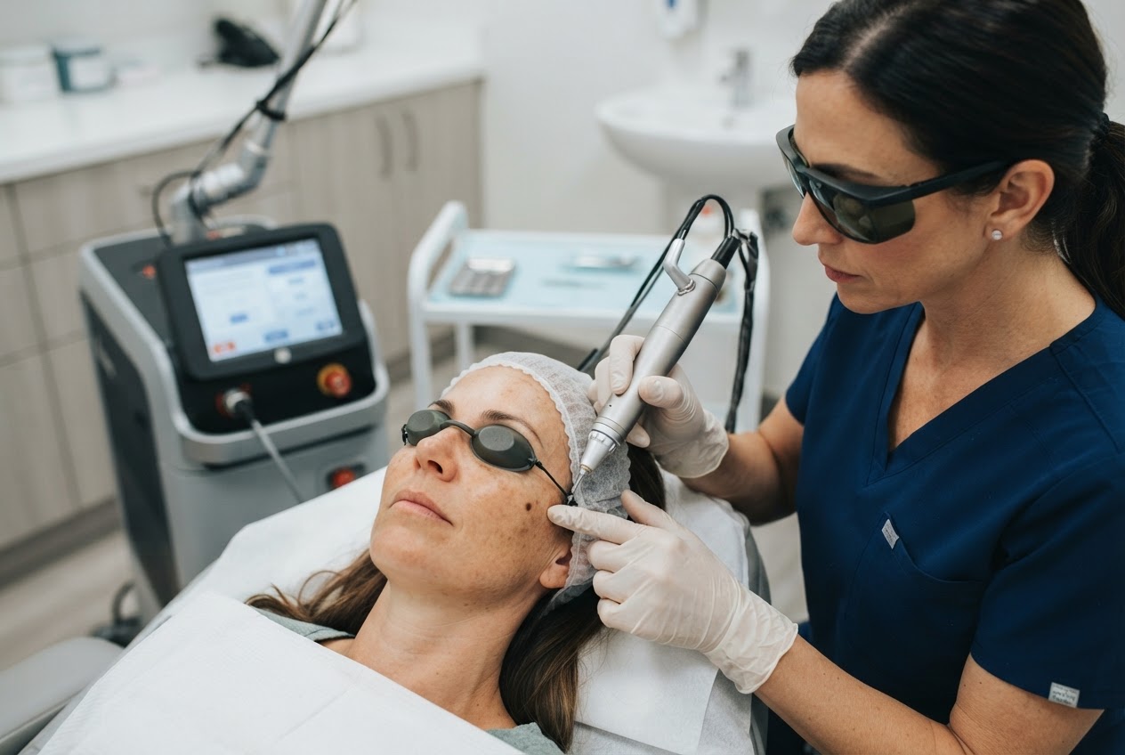 Doctor using a laser handpiece on a patient's cheek in a clinical setting.