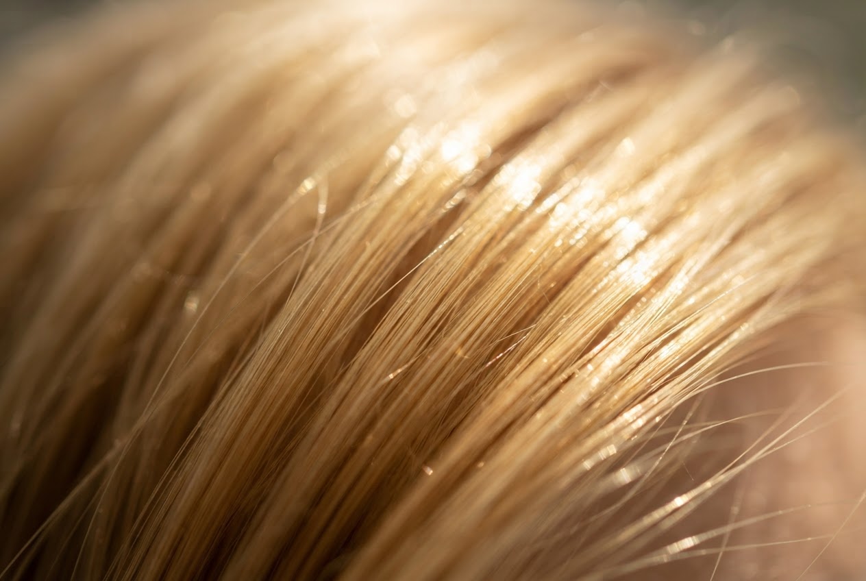 Close-up of blonde hair strands reflecting sunlight, showing shine and volume.