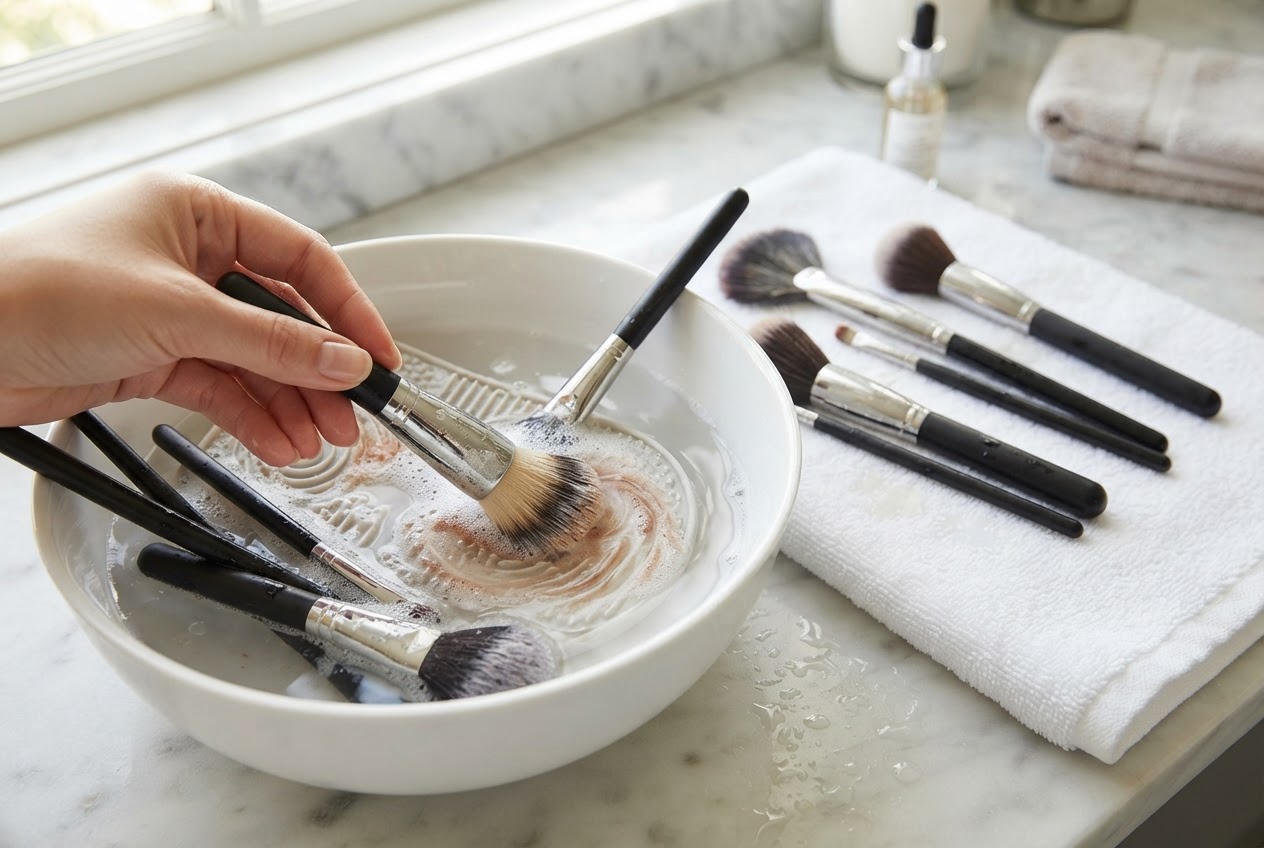 Makeup brushes being washed in a bowl with soap, then laid flat on a towel to dry.