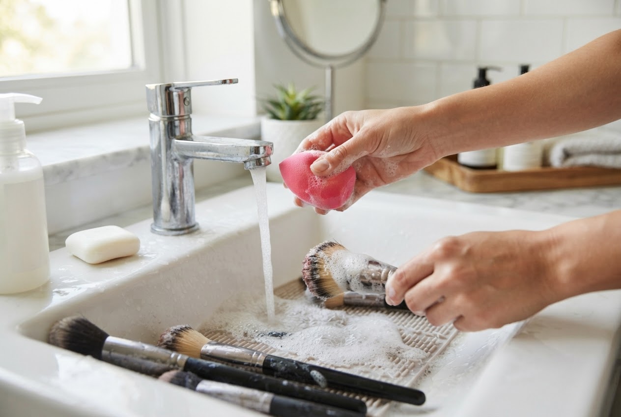 Makeup brushes and a sponge being cleaned under running water with soap.