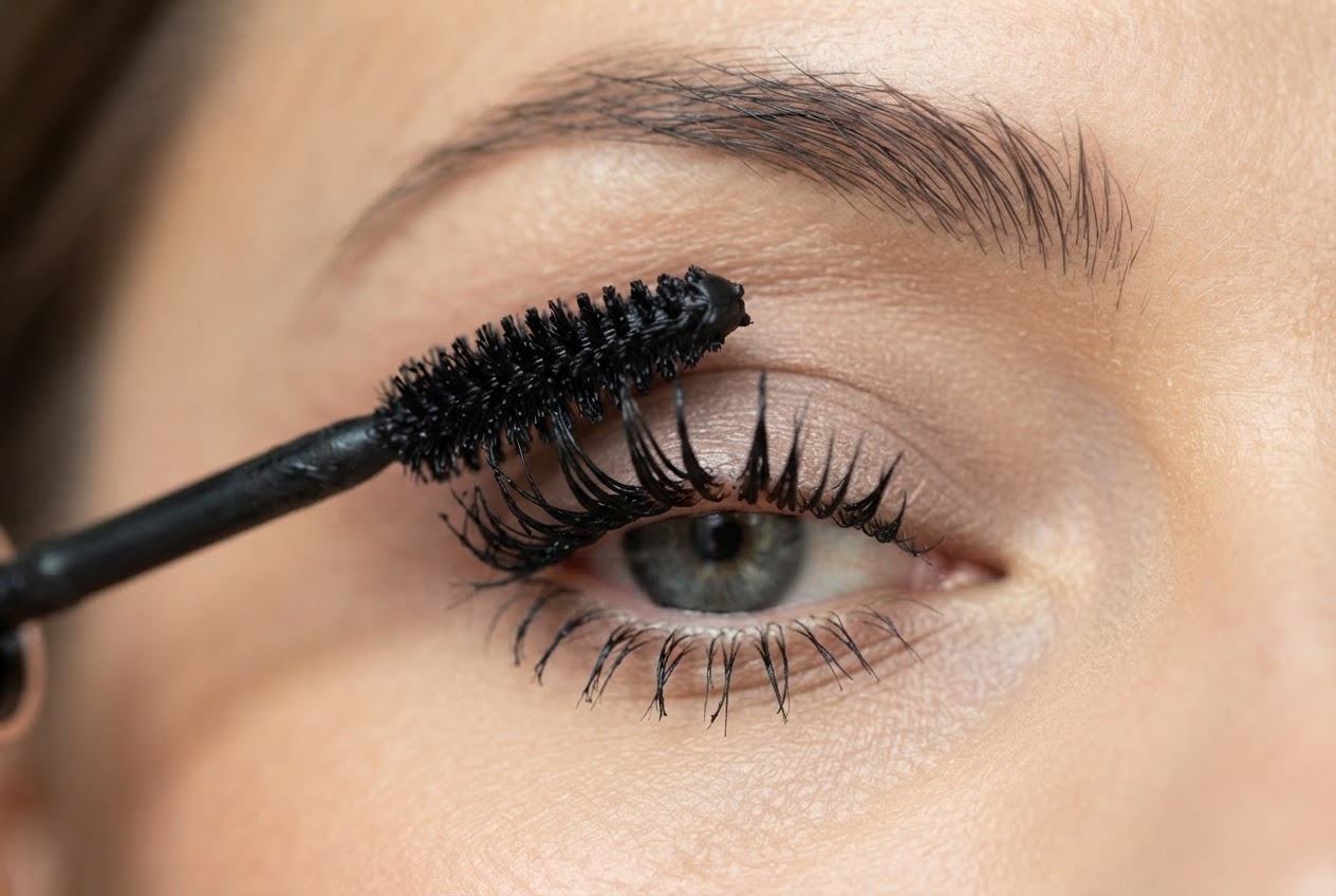 A close-up of an eye with mascara being applied, showing the brush separating lashes, and a small label 'ophthalmologically tested'.