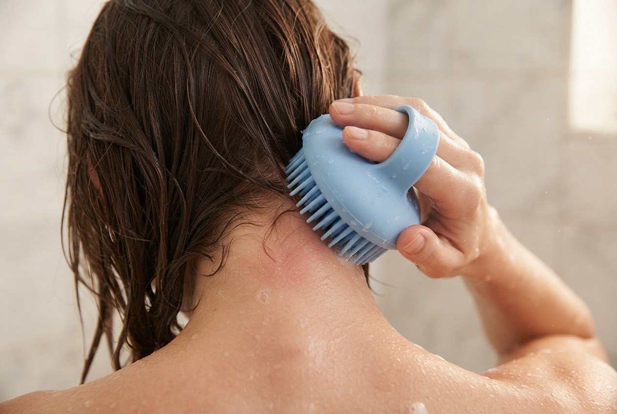 Realistic photo for Shampoobürsten: Kopfhautmassage und Haarwäsche in einem Schritt