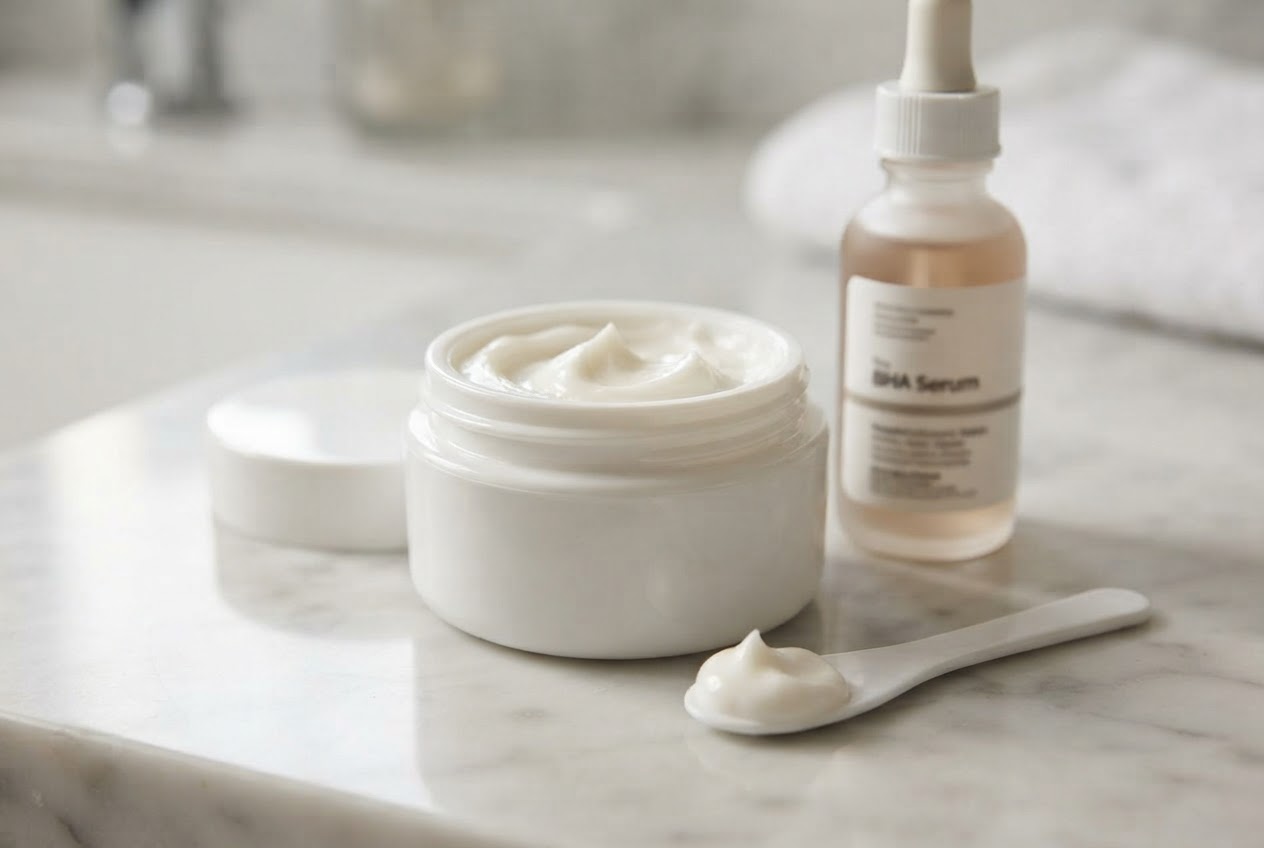 A jar of moisturizer with a dollop of cream on a spatula, next to a BHA product.
