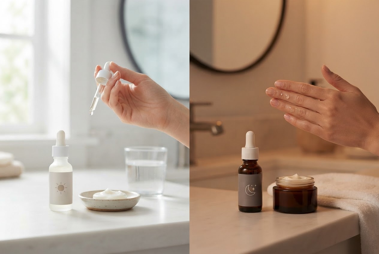 Morning and evening skincare routine with two bottles, one labeled with a sun icon and one with a moon icon.