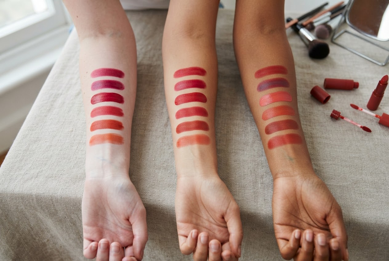 Swatches of red lipsticks in cool and warm shades on arms with different skin tones.
