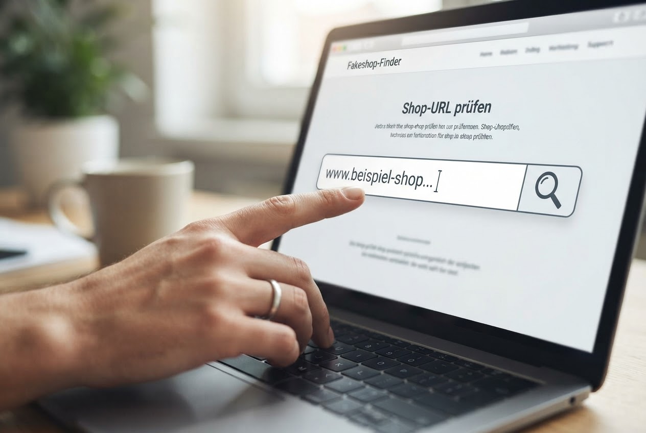 Eine Hand tippt eine URL in ein Suchfeld auf einer Webseite, daneben ein Symbol einer Lupe.