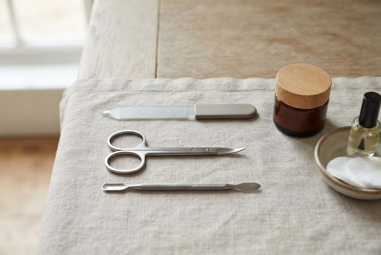 Flat lay of nail care tools: glass file, scissors, cuticle pusher, and cream