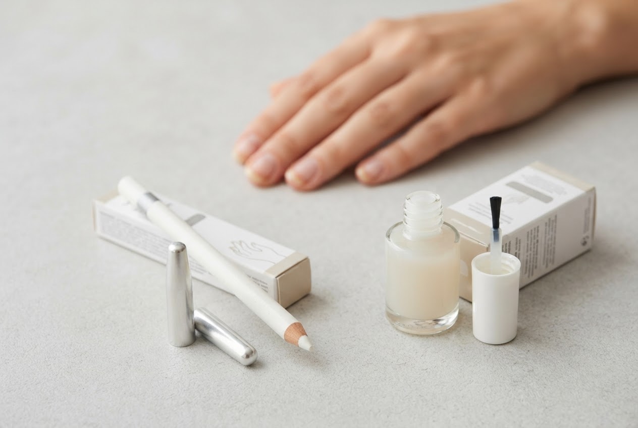 A nail whitening pencil and a nail brightener cream placed side by side.