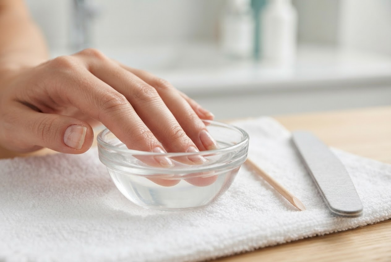 A hand with nails soaking in a small bowl of acetone, a wooden stick nearby, and a nail file on the table.