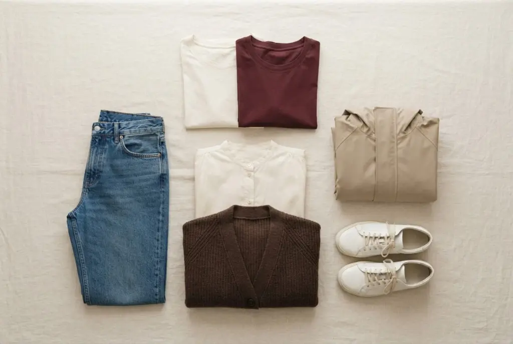 Kleine Wochenendgarderobe in Creme, Blau und Bordeaux