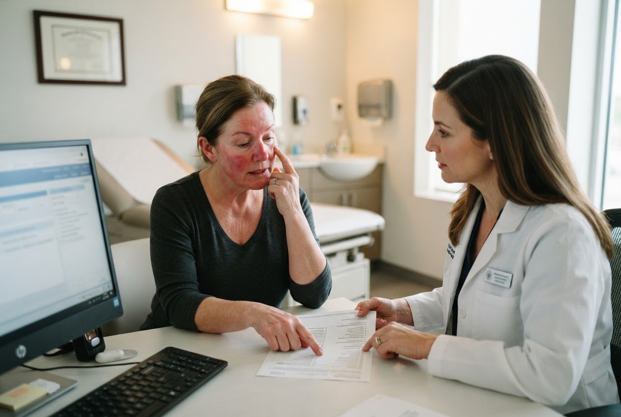 Patientin bespricht Medikamente und Augenbeschwerden mit einer Ärztin.