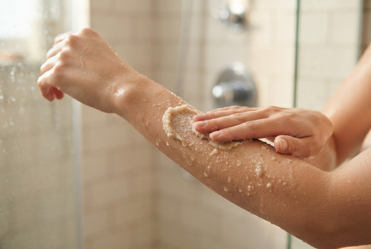 Eine Person schrubbt mit einem milden Körperpeeling ihren Arm in der Dusche.