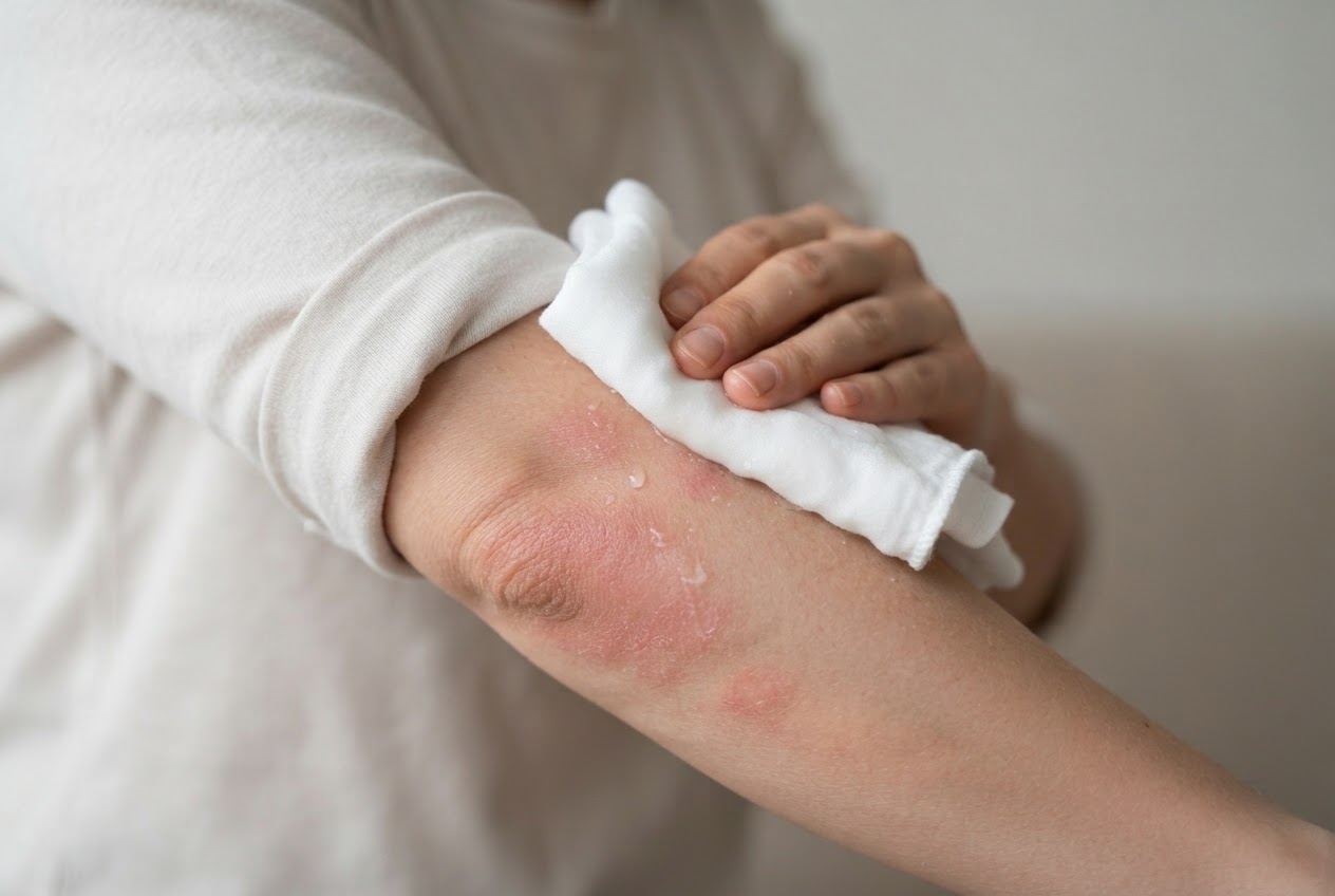A person placing a cool, damp white cloth on their red, itchy inner elbow.